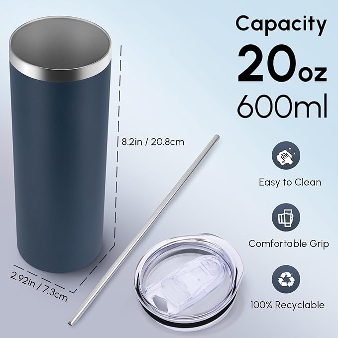 Volhoply 4 Pack Skinny Tumblers with Lid and Straw, 20oz Stainless Steel Straight Tumbler Bulk, Vacuum Insulated Coffee Mug for Home, Office, Travel, DIY (Navy,4 Pack)