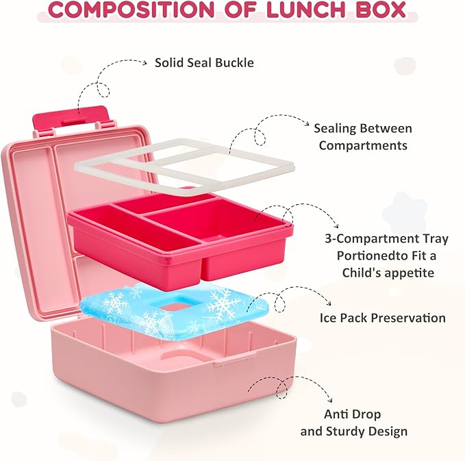 Pawtong Lunch Box Set with Bento Box Container, 17OZ Stainless Steel Food Soup Thermo, Kids Water Bottle & Portable Insulated Lunch Bag – Leakproof, Hot/Cold Retention for School, Travel(Pink-Rainbow)