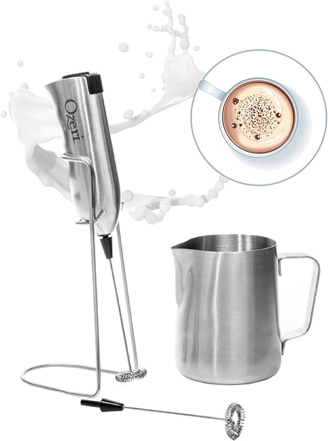 Ozeri Deluxe Milk Frother and 12 oz Frothing Pitcher in Stainless Steel, with Extra Whisk Attachment