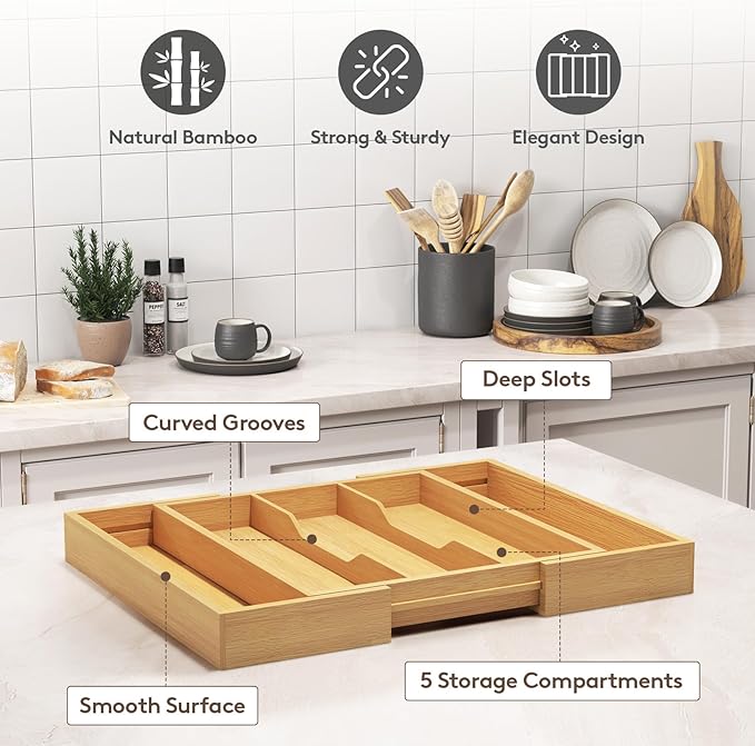 Lifewit Silverware Drawer Organizer Tray,Bamboo Cutlery Silverware Flatware Holder,Flatware and Utensil Holder Divider for Spoons Forks Knives Tableware