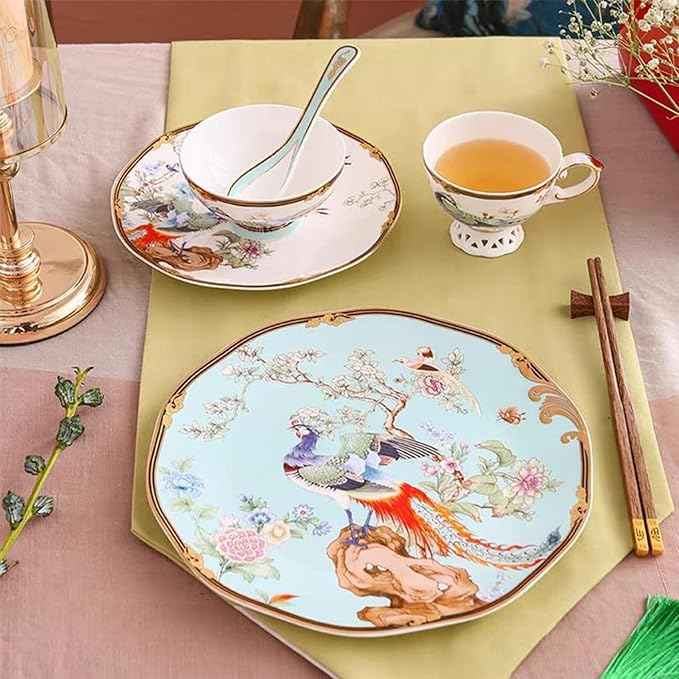 ACMLIFE Bone China Dinnerware Set, Vintage Floral Fine China Dinnerware Sets, Porcelain Dinnerware Sets for 4, Light Blue 12 Piece Fine China Set Lightweight Dinnerware Set for Gifts (Blue)