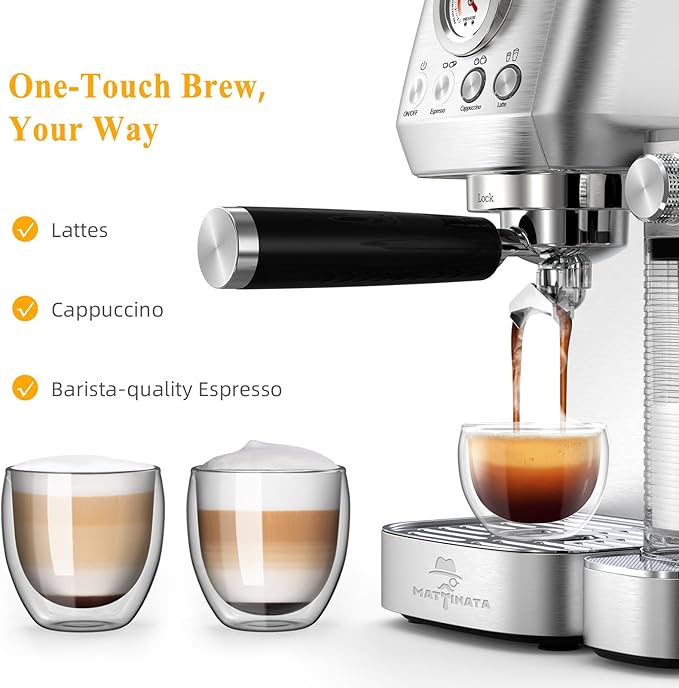 MAttinata Cappuccino Coffee Machine with Automatic Milk Frother, Compact Espresso Machine with Pressure Gauge, Stainless Steel Cappuccino Maker with for Home, Office