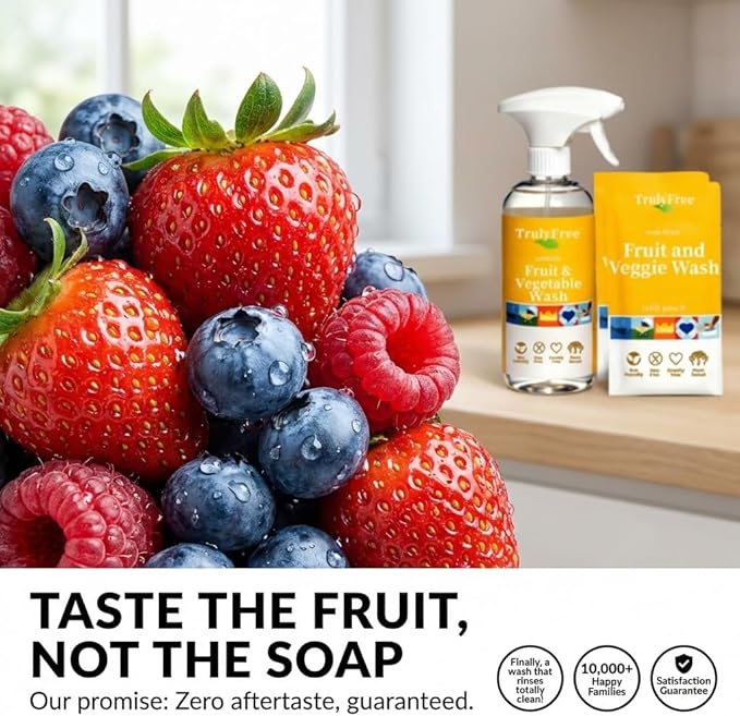 Truly Free Fruit and Vegetable Wash - Veggie Wash Removes 99% of Dirt & Wax | Plant-Based Produce Cleaner Spray | No Aftertaste, Refillable, Made in USA | Fragrance-Free, 16oz