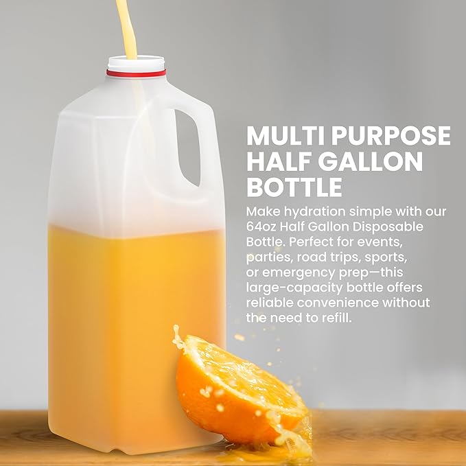 KitchenDine Plastic Milk Bottles, 64 Oz HDPE Material, Juice Bottle with Red Tamper-Evident Caps, Set of 3, Clear bottle with Red cover - half gallon jug