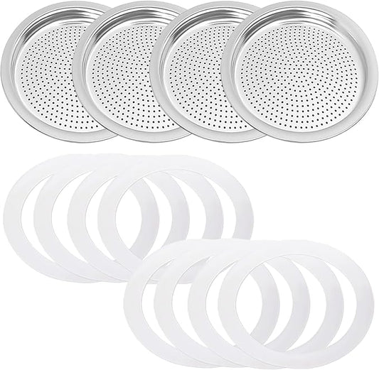 1 Set BIA640310 Espresso Machine Replacement Parts, Compatible with Bialetti Moka Express Dama 9-Cup, Includes 8 Silicone Sealing Rings And 4 Stainless Steel Filter Plates, Durable And Easy To Clean