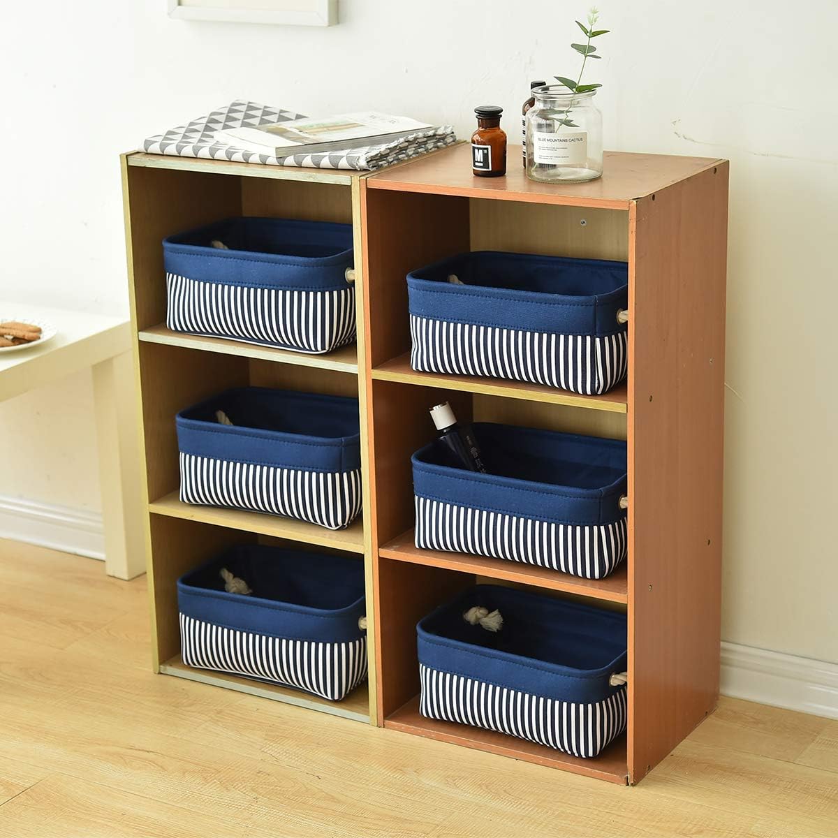 TcaFmac Small Storage Baskets [6 Pack] - Navy Blue Rectangular Storage Bins with Blue Stripes