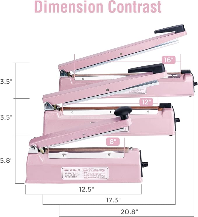 METRONIC Impulse Sealer 16 inch, Manual Heat Sealer Machine for Plastic Bags, Shrink Wrap Bag Sealers Heavy Duty Sealing Machine with Repair Kit (Pink)