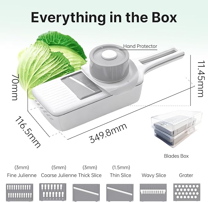 Multifunctional Handheld Mandoline Slicer for Kitchen with Drain Box – 6 Interchangeable Blades, Safety Guard, Vegetable/Cucumber Slicer for Salad Meal Prep, Easy to Clean, Compact Storage