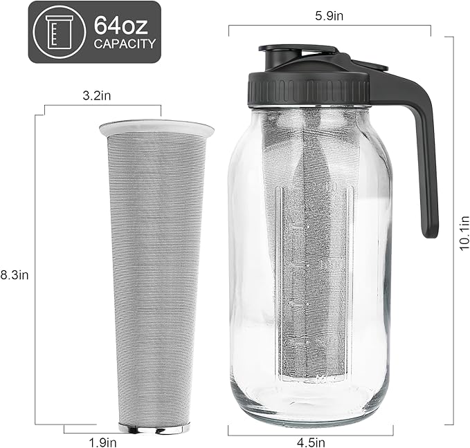 Cold Brew Coffee Maker,64 oz Mason Jar Pitcher with Stainless Steel Filter, Pour Spout Handle Lid, Heavy Duty Glass Airtight & Leak-Proof for Iced Coffee,Tea & Lemonade