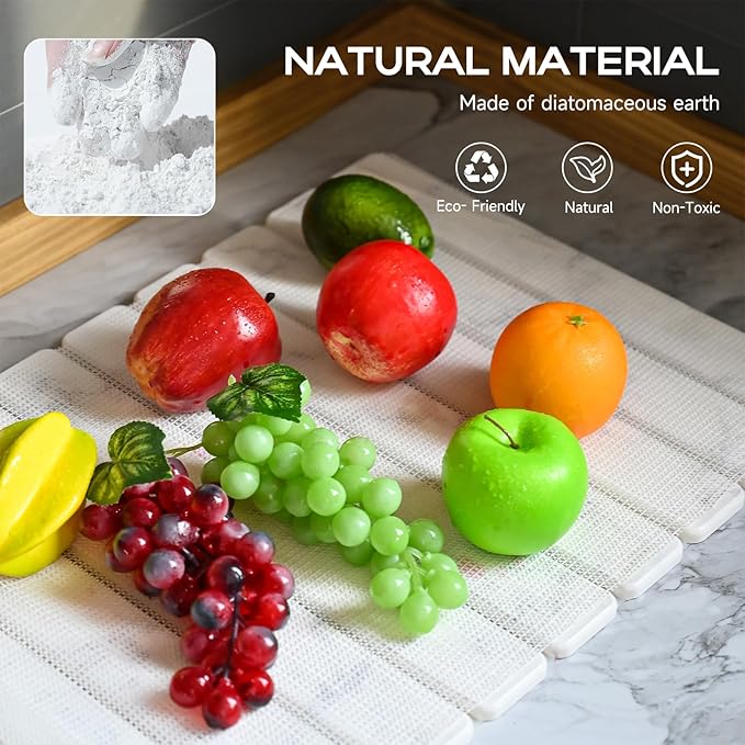 Large Stone Drying Mat for Kitchen Counter, 24''L x 16''W Diatomaceous Earth Collapsible Dish Drying Mat, Quick Drying Mat, Glasses and Flatware, Matches Any Countertop (Veined-A, 24" x 16")