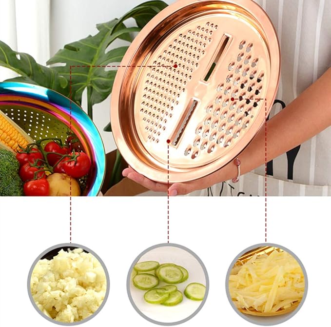 3-In-1 Multifunctional Grater Basin Colander Strainer Set, Mingcheng Stainless Steel Kitchen Grater/Drain Basket/Bottom Basin for Washing Rice, Fruits, Vegetable, Grater with Container (Rainbow)