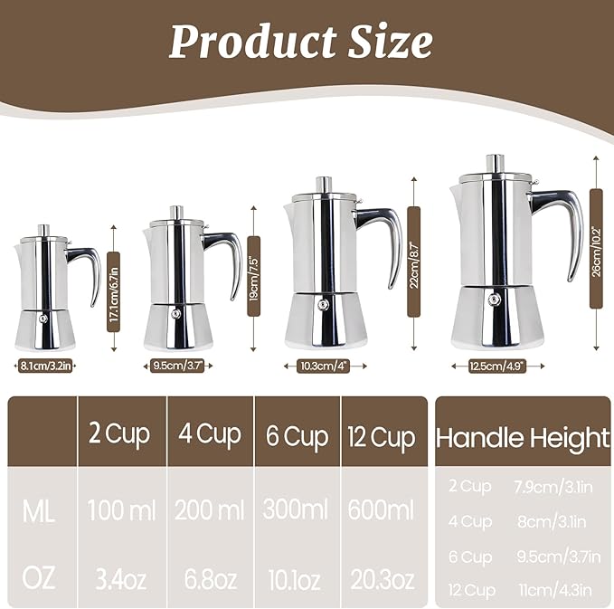 4 Cup Thickened Moka Pot 304 Stainless Steel 200ml Italian Espresso Coffee Maker Stovetop CoffeeMakers Mocha Pot Percolator for Induction Stove Classic Cafe Makers Portable for Easy Brewing
