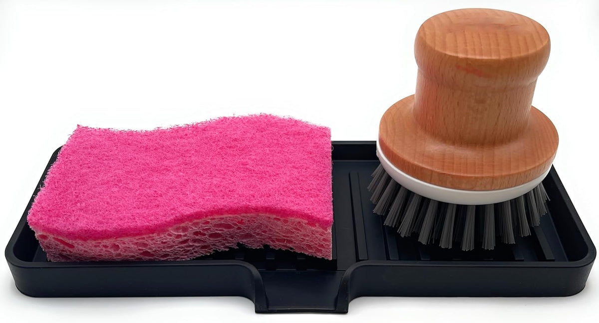 Happitasa Silicone Soap Dish Tray and Sponge Holder with Drain Chute | Bathroom and Kitchen Sink Organizer Caddy (Black, 9"x3.5", 5.6 Ounces)