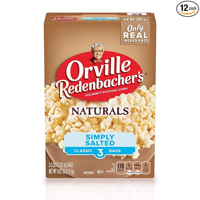 Orville Redenbacher’s Microwave Popcorn, Naturals Simply Salted Flavor, 3g Fiber Per Serving, 3.29 oz., 3-Count (12 Boxes)
