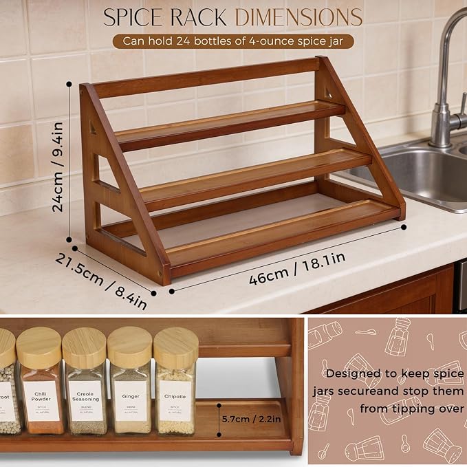 Spice Rack, Spice Organizer -3 Tier Bamboo Spice Racks, Solution for Spice Storage in Kitchens, Countertops，Storage Rooms and Other Places(Walnut)