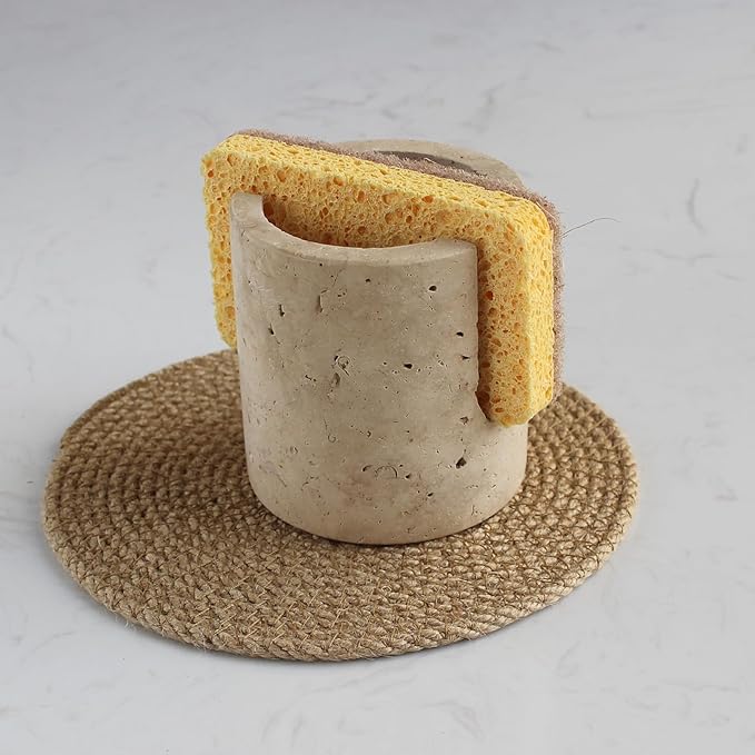 Nawgnail Natural Marble Travertine Sponge Holder for Kitchen Counter, Drying Rack, Sponge Caddy for Sink Organizer - Beige Travertine