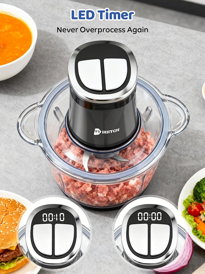 IRIITCH Food Processor with LED Timer, 800W Electric Chopper with 2 Bowls, Stainless Steel and Black, 2 Bi-Level Blades, Meat Grinder for Nuts, Onion, Garlic, Baby Food
