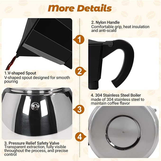 No Coating 4 Cup Aluminum and Stainless Steel Moka Pot Stovetop Espresso Maker Italian Coffee Machine 220ml 7.44oz Suitable for Gas Induction Stovetop Greca Coffee Maker Percolator Black