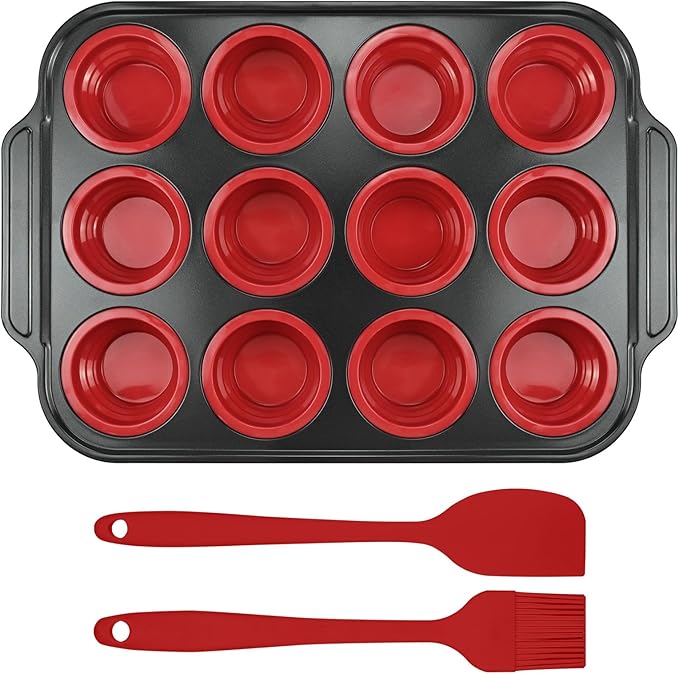 Silicone Muffin Pan Set, Reinforced Metal Frame Cupcake Baking Pan with Brush & Scraper 12-Cup Muffin Tin, Silicone Muffin Pan for baking for Toast Cupcakes Brownies Canele Mold Oven Dishwasher Safe