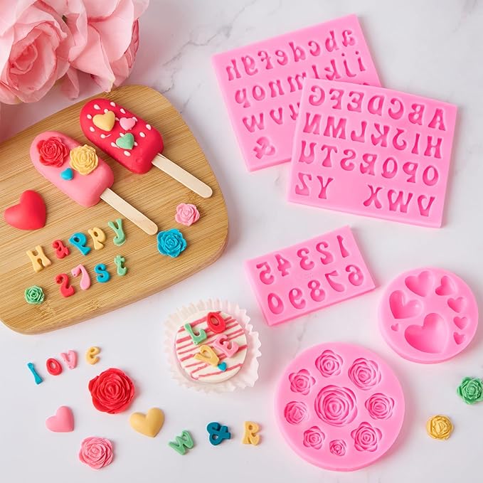 Silicone Letter Molds for Chocolate, 5 Pcs Alphabet Number Rose Heart Shape Candy Molds, Fondant Molds for Candy Cupcake Desserts Cake Decorations