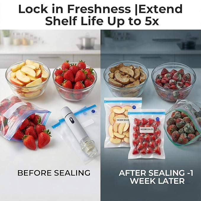 Vacuum Sealer + 15 Reusable Vacuum Bags Powerful Portable Vacuum Sealer for Food，White