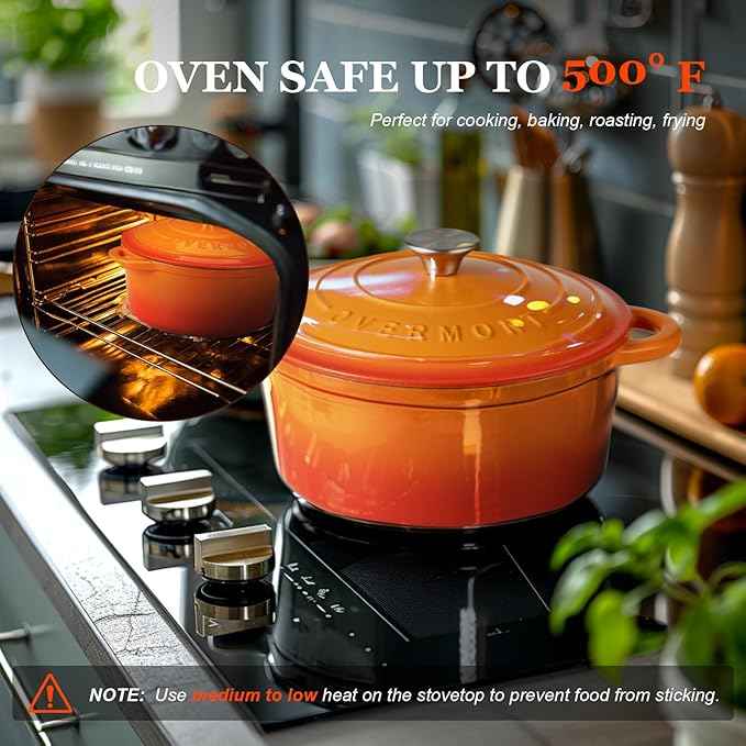 Overmont Enameled Cast Iron Dutch Oven - 7QT Pot with Lid Cookbook & Cotton Potholders - Heavy-Duty Cookware for Braising, Stews, Roasting, Bread Baking orange
