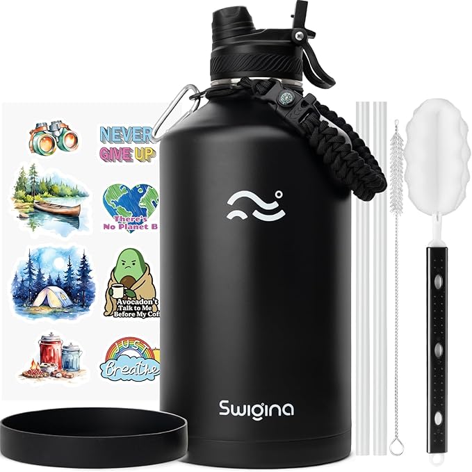 Swigina 1 Gallon Insulated Water Bottle with Silicone Boot (48hrs Cold/24hrs Hot) - DIY Stickers, Leakproof, BPA Free, 128 oz [2-IN-1 LID]