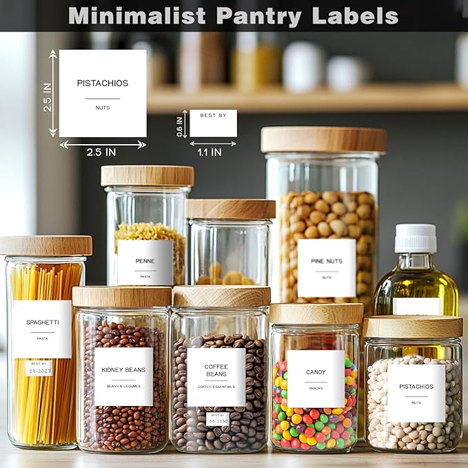 288 Pantry Labels for Food Containers, Preprinted Minimalist Waterproof Stickers for Organizing Storage Bins, Jars and Kitchen