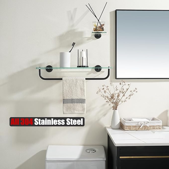 JQK Bathroom Glass Shelf, Shelf with 19 Inch Towel Bar Tempered Glass Shower Storage 20 by 5 inches, 304 Stainless Steel Matte Black Wall Mount, TGS100L20-PB