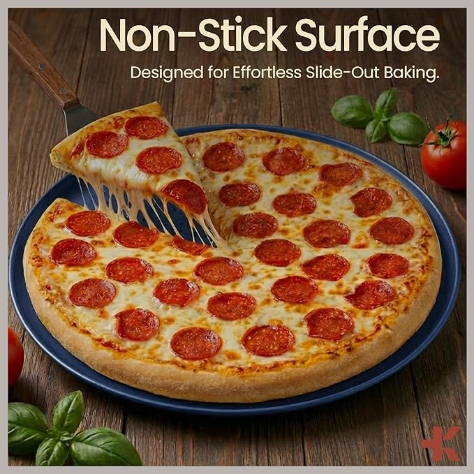 Bakken 16 Inch Non-Stick Pizza Pan 2 Pack, Round Carbon Steel Pizza Tray with Perforated Holes, PFOA, PFOS, & PTFE-Free, Dishwasher & Oven Safe Up To 450°F, Durable Nonstick Coating, Blue
