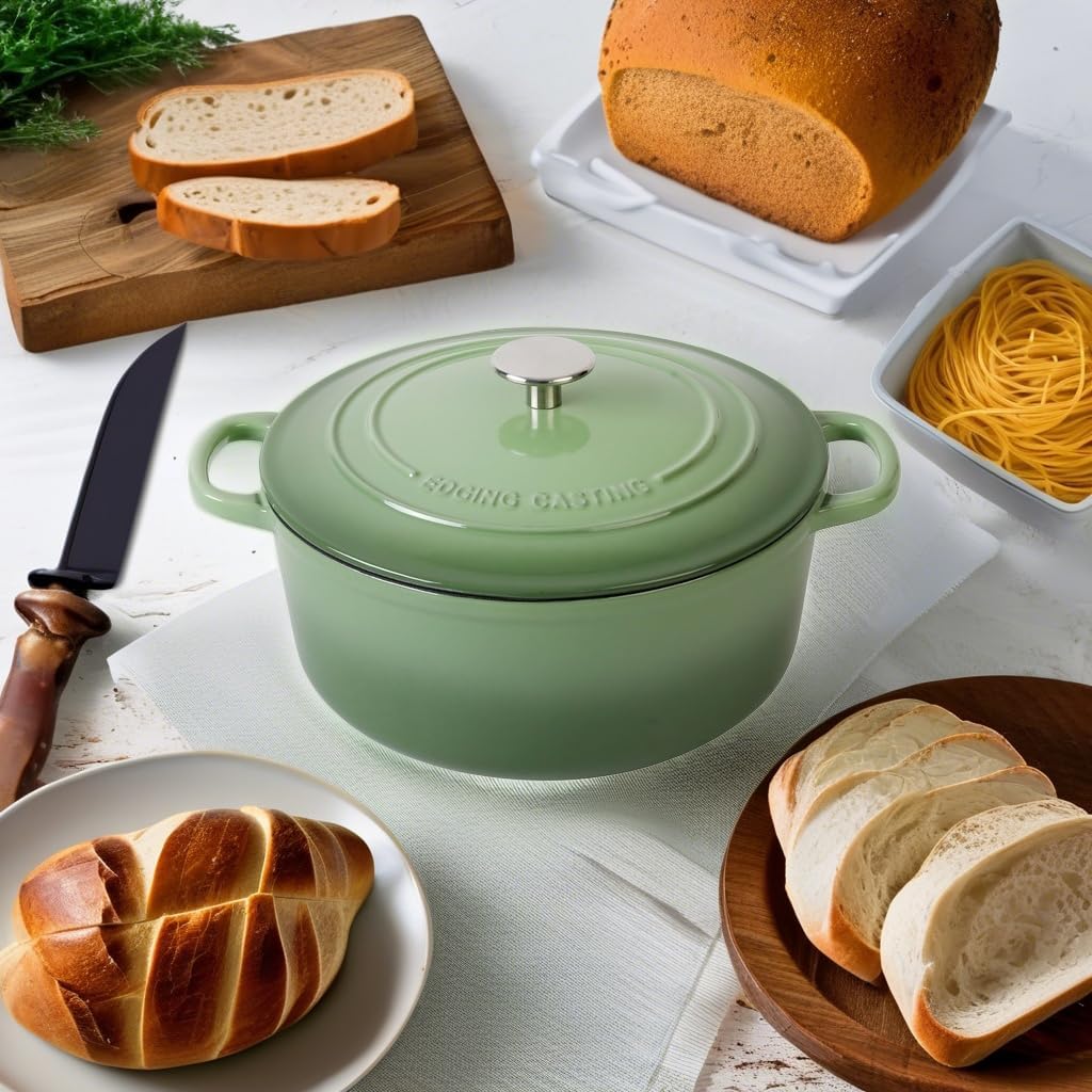 Enameled Cast Iron Dutch Oven Pot With Lid, 5.5 Quart, for Bread Baking, Cooking, Pistachio Green