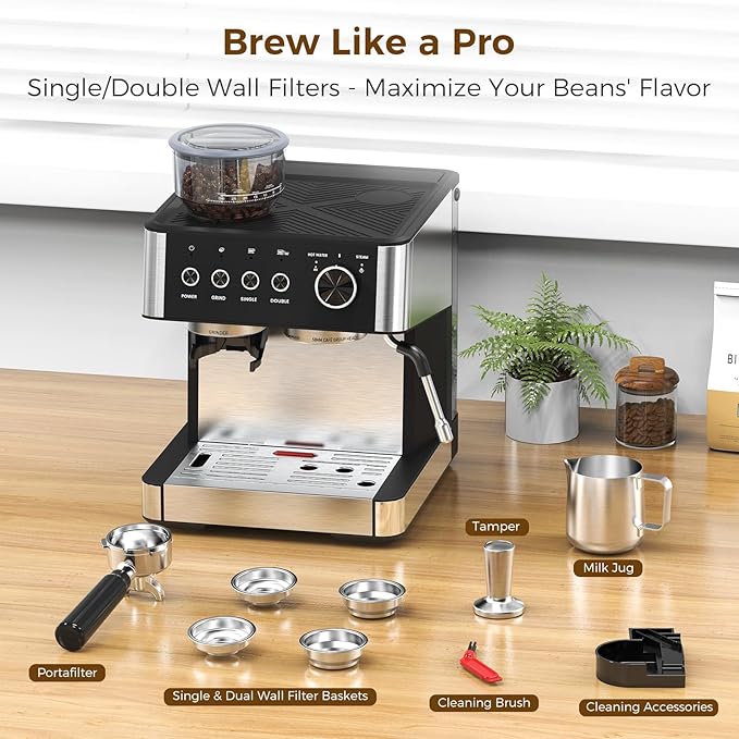 Electactic(2026 Upgrade Espresso Machine with Grinder, Expresso Coffee Machines with Built-in Anti-Clog Coffee Grinder/Milk Steam Wand, Expresso Machines for Home Perfect Cappuccino Latte-Satin Black