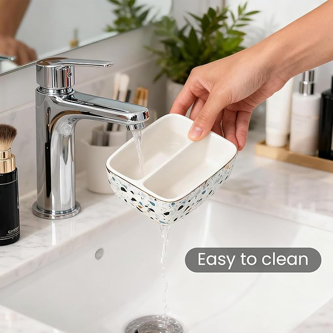 2 Compartments Ceramic Sponge Holder for Kitchen Sink, Unique Terrazzo Marble Pattern Countertop Dish Sponges Holder Soap Sink Organizer Caddy Farmhouse Home Kitchen Decor Light Blue