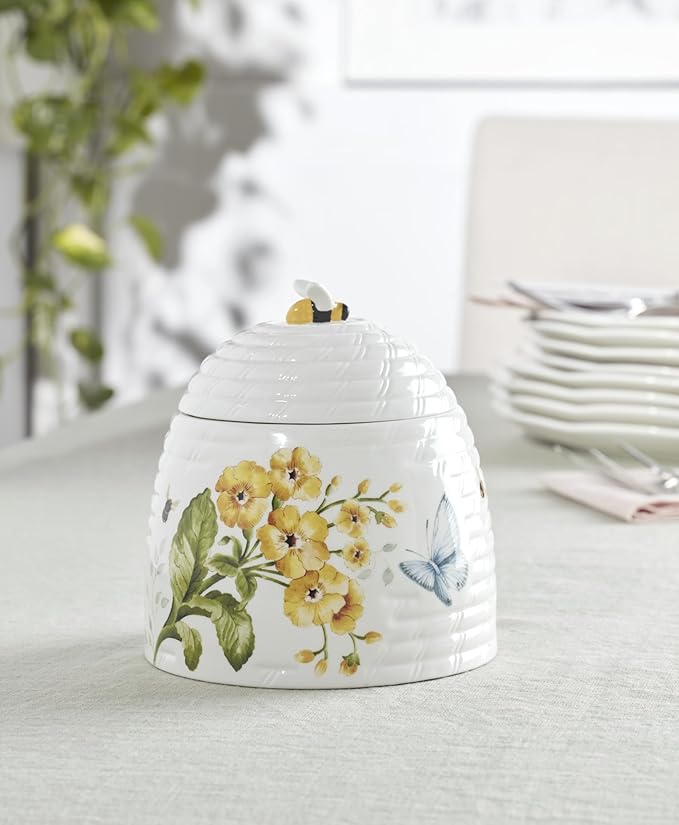 Lenox Home And Kitchen, Butterfly Meadow Beehive Candy Jar, Porcelain Material, Candy Bowl, Dishwasher Safe, Kitchen And Dining, Butterfly And Flowers, Pantry Storage, Table Decor (White, 1 Piece)