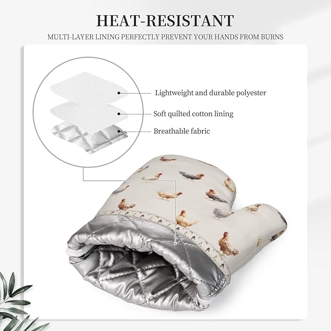 Oven Mitts and Pot Holders Set, Chicken Pattern Silicone Kitchen Accessories 4 Piece Heat Resistant Long Gloves Potholder Non-Slip Grip for Chef Cooking Baking Grilling BBQ
