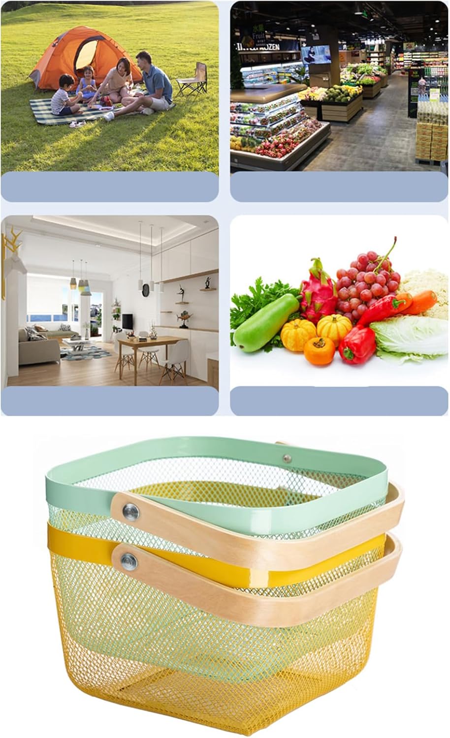 Metal Mesh Steel Basket, Storage Organizer Basket Multi-functional Hanging Kitchen Baskets Fruit Basket with Wooden Handle for Kitchen Bathroom Picnic Shopping Decor Cabinet Home, Macaron Blue