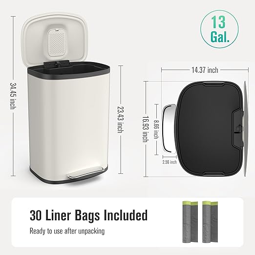 13 Gallon/50L Trash Can with Foot Pedal, Stainless Steel Garbage Can with Soft-Close Lid, Exquisite Oval Cover Garbage Bin Hands-Free for Kitchen, Living Room, Bathroom, Office, Commercial