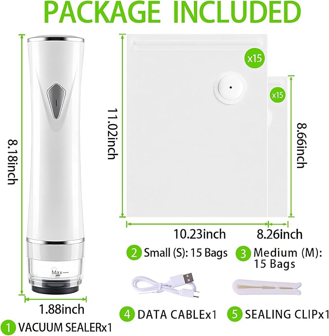 Compact Handheld Vacuum Sealer for Food, Cordless Portable Food Sealer Machine with 30 Reusable Vacuum Sealer Bags, Powerful Food Preservation & Freshness Saver for Meal Prep, Travel & Sous Vide