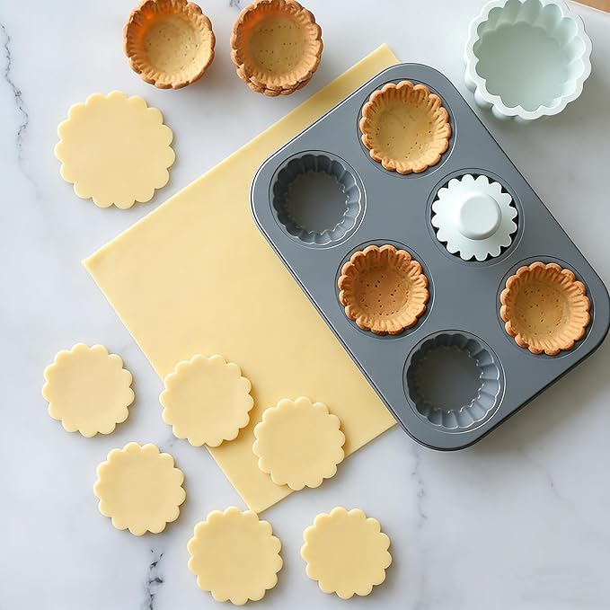 Mini Tart Pan, 2.75" Egg Tart Molds 6-Cavity Non Stick Fluted Mini Tart Mould, Reusable Quiche Bakeware Carbon Steel for Pies, Quiche, Cheese Cakes, Desserts(Not Included Cutting Mold)