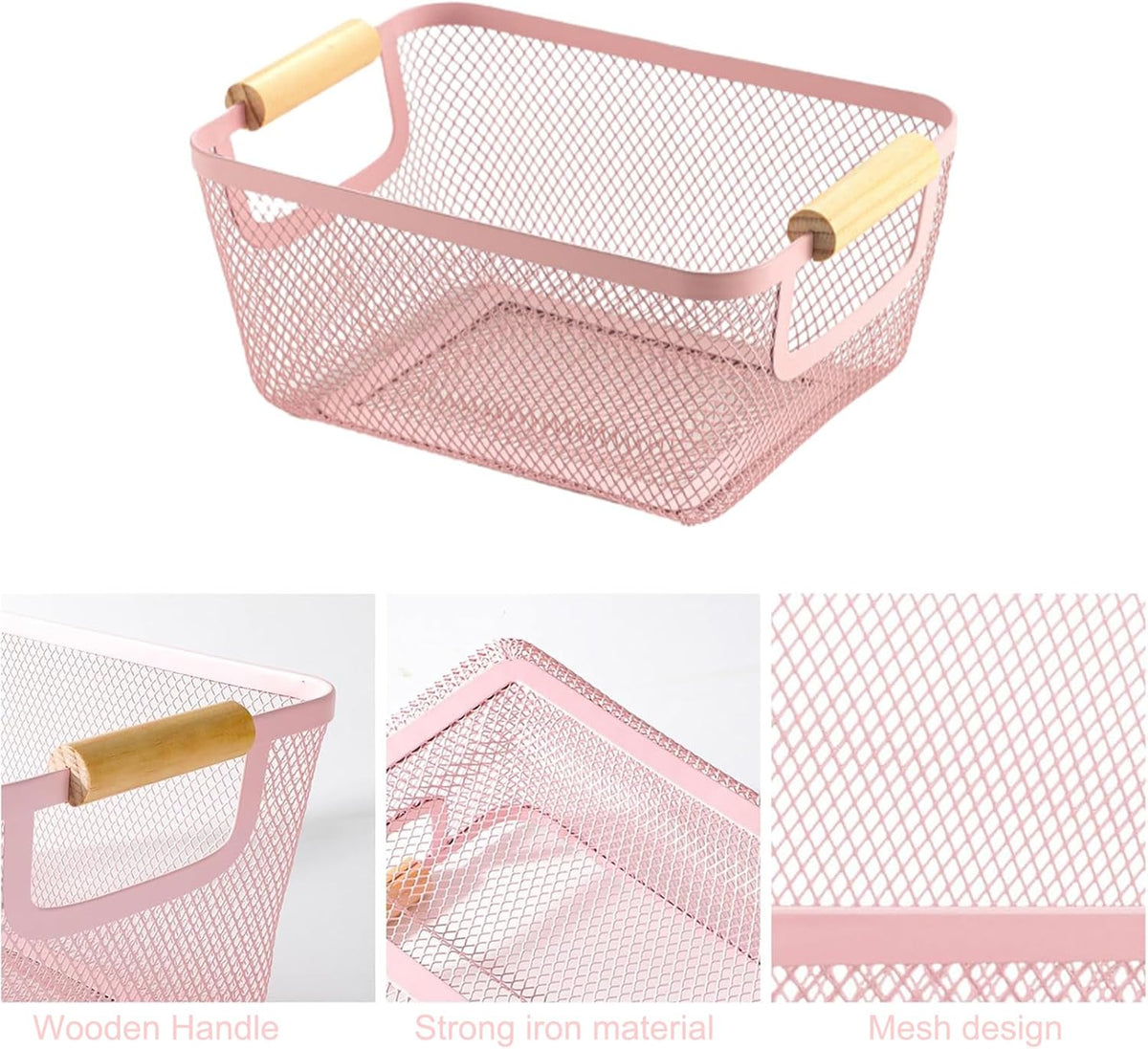 Metal Mesh Steel Basket, Small Wire Storage Organizer Baskets Multi-function Hanging Kitchen Basket with Wood Handle for Kitchen Bathroom Picnic Home, Rectangle-Pink
