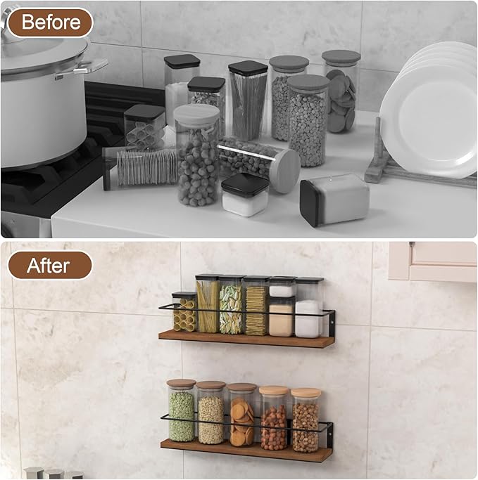 Spice Rack Self-Adhesive or drilling, Rustic Style Hanging Spice Rack, Spice Organization for Cabinet Door or Wall Mount, Over The Stove, Kitchen Wall, 2-Pack