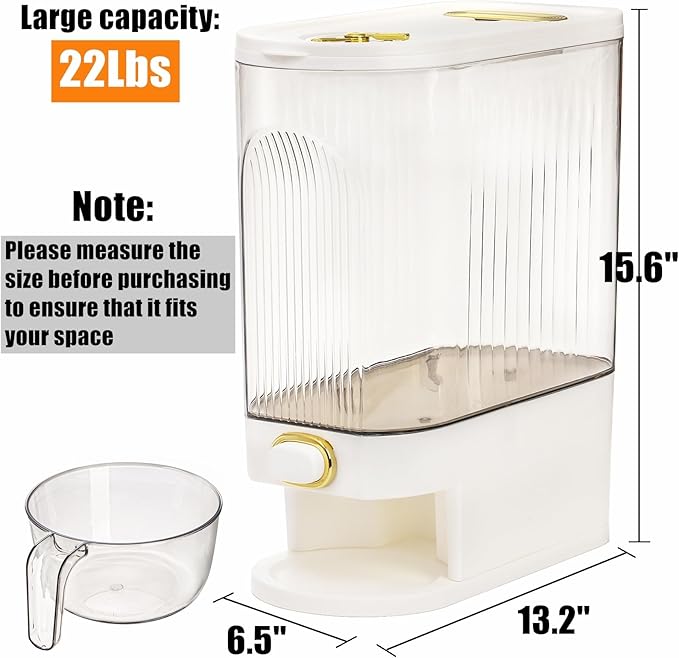 Cididu Clear Rice Holder Dispenser, 22 Lbs Large Grain Storage Container with Measuring Cup, Cylinder Household Food Dispenser Bucket Kitchen Organization for Cereal Oatmeal Coffee Bean Soybean Corn