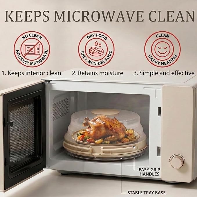 Microwave Splatter Cover with Base Plate and Water Steamer,Collapsible Microwave Cover for Food with Handle and Seasoning Groove, Clear Plate Covers,Food Safe,BPA Free,House Gifts (Creamy White)