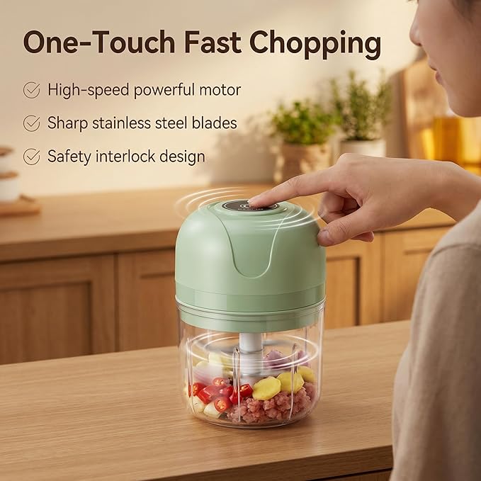 New Upgraded Dual-Cup Electric Garlic Chopper,Electric Mini Garlic Chopper, Portable Wireless Food Processor for Vegetables, Onion, Ginger, Chili, Meat – Rechargeable, Splash-Proof, Light Green