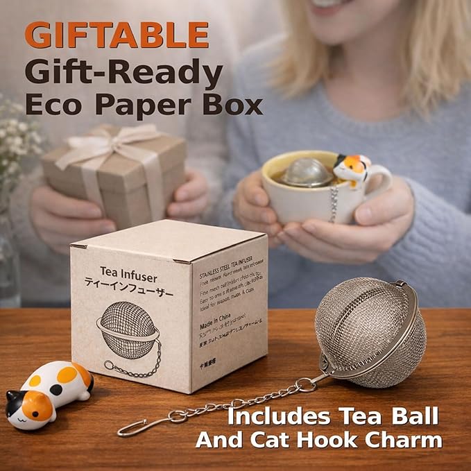 Cute Tea Infuser for Loose Leaf Tea, 304 Stainless Steel Fine Mesh Tea Ball Strainer with Adorable Calico Cat Mug Hook, Easy Lift-Out, Leak-Resistant Closure, Dishwasher Safe, Gift Box