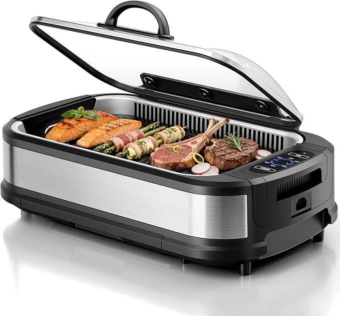 Kismile Smokeless Indoor Grill, 1500W Electric Grill Indoor with Tempered Glass Lid, Non-Stick Korean BBQ Grill with 6-Level Temp Control, Dual-Turbo Smoke Extractor, Drip Tray & Dishwasher-Safe Parts
