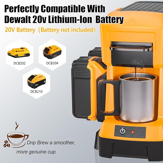 Taingwei Cordless Coffee Maker for Dewalt 20V Battery, Portable Drip Coffee Maker with Electric Coffee Grinder for RV, Camping, Travel, Car, Hiking (Battery Not Included)