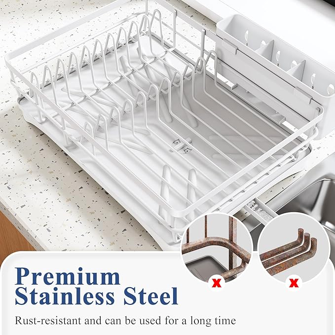 SNTD Dish Drying Rack for Kitchen Counter - Large Dish Rack with Drainboard, Rustproof Dish Drainer with Utensil Holder for Sink, White