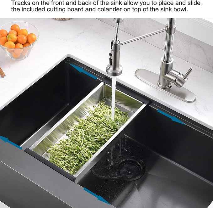 33 Inch Black Farmhouse Kitchen Sink Workstation - VOKIM 33x22 inch Flat Apron Front Farmhouse sink 16 Gauge Stainless Steel Single Bowl Farm Kitchen Sink