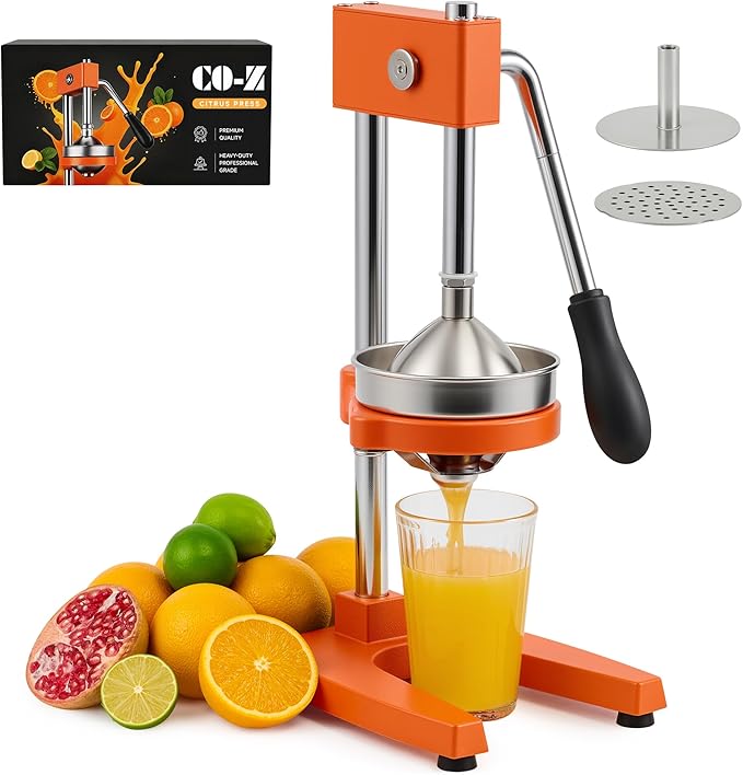 CO-Z Manual Citrus Juicer, Heavy-Duty Manual Juicer with Conical & Flat Pressure Plates, Professional Lemon Squeezer for Orange Pom Lime Lemon Juice, Dishwasher Safe Juice Press, Orange
